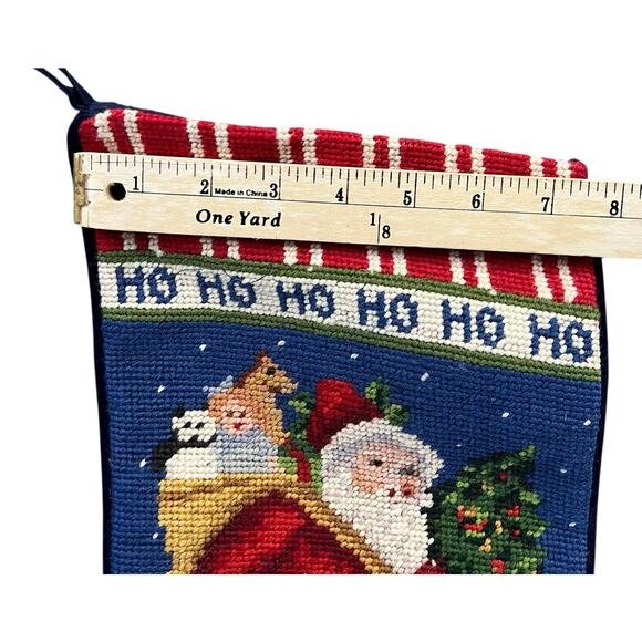Vintage Santa Wool Needlepoint Christmas Stocking Velvet Back Holiday Decoration - Picture 5 of 6